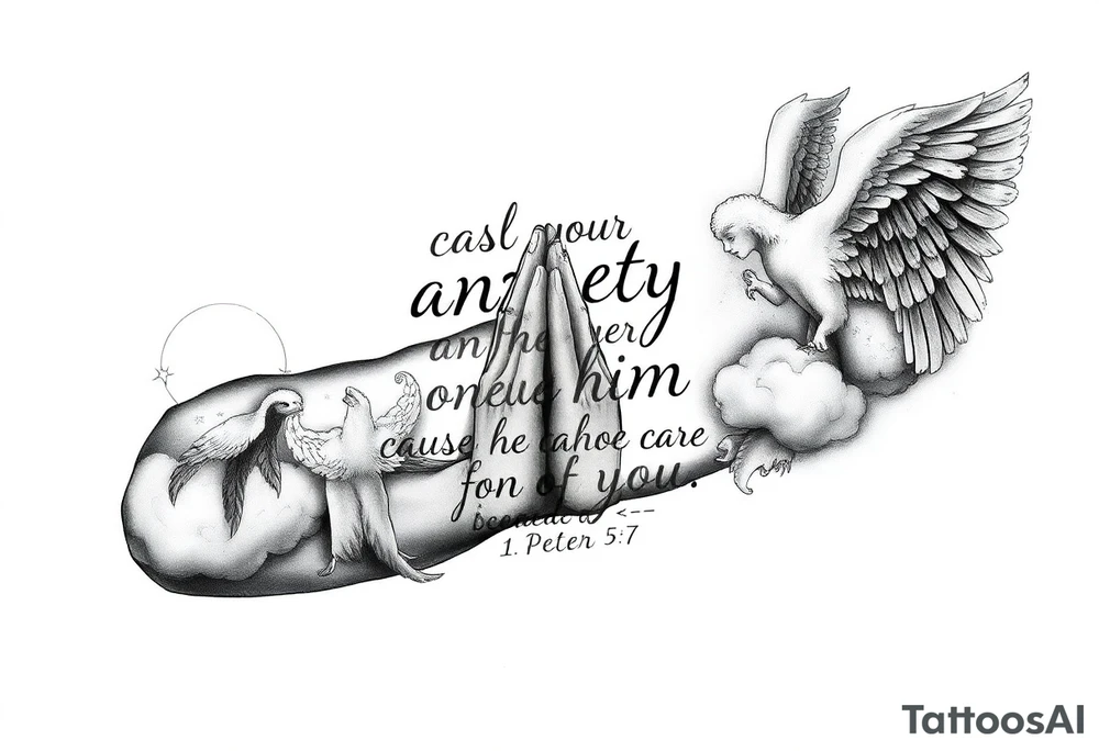 cast all your anxiety on him because he cares for you"  1 peter 5:7 surrounded with clouds and angels and praying hands tattoo idea