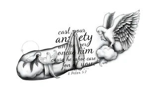 cast all your anxiety on him because he cares for you"  1 peter 5:7 surrounded with clouds and angels and praying hands tattoo idea