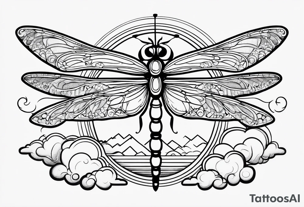 (fine line) cloud and sun with small dragonfly tattoo idea