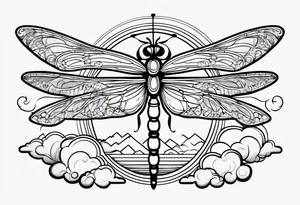 (fine line) cloud and sun with small dragonfly tattoo idea