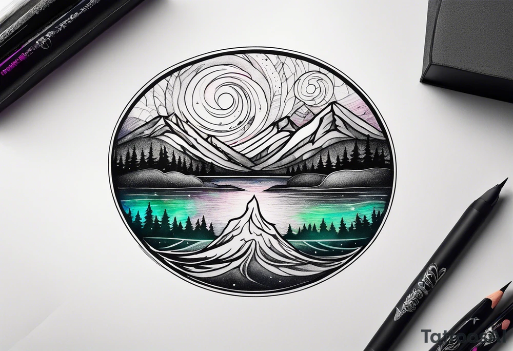 northern lights mountain circle shaped tattoo idea