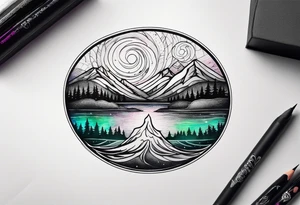 northern lights mountain circle shaped tattoo idea