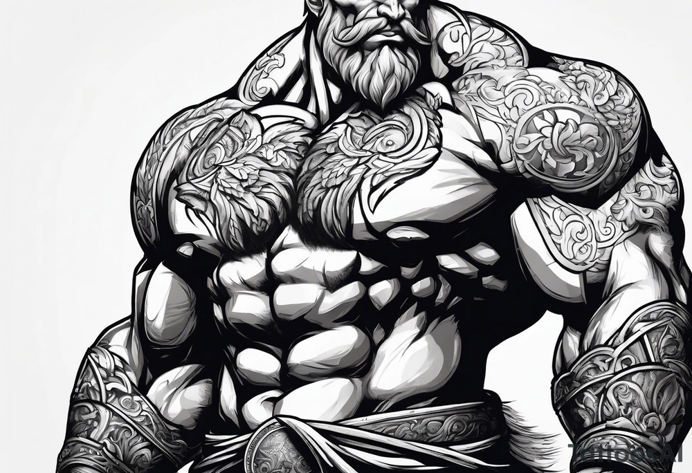 full body strong mythical giant turned to the side about to punch something tattoo idea