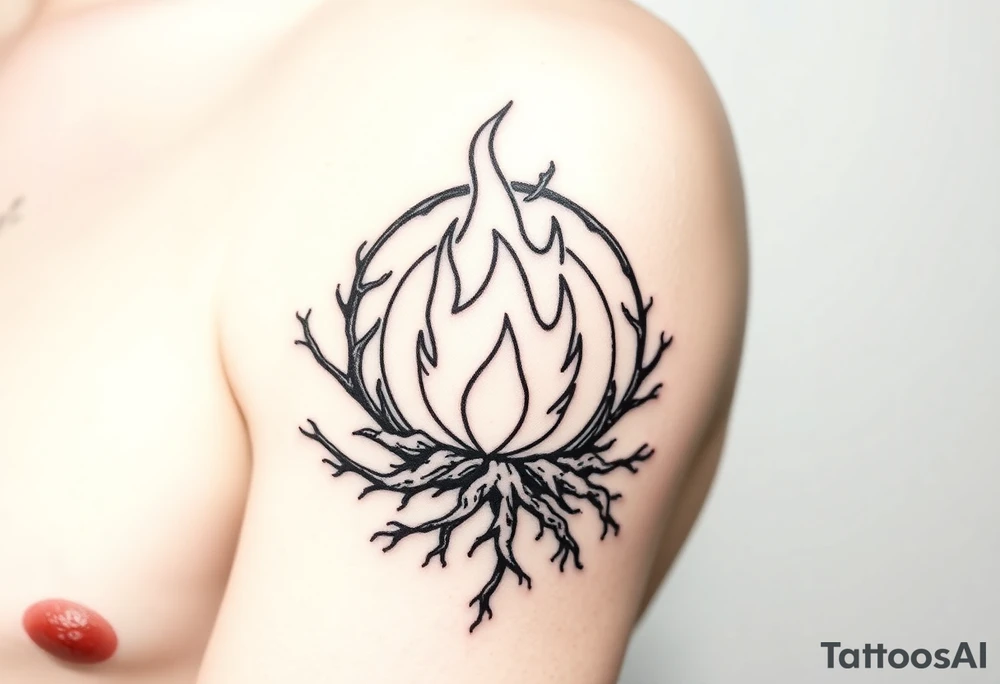 a round flame imprisoned in a roots circle tattoo idea