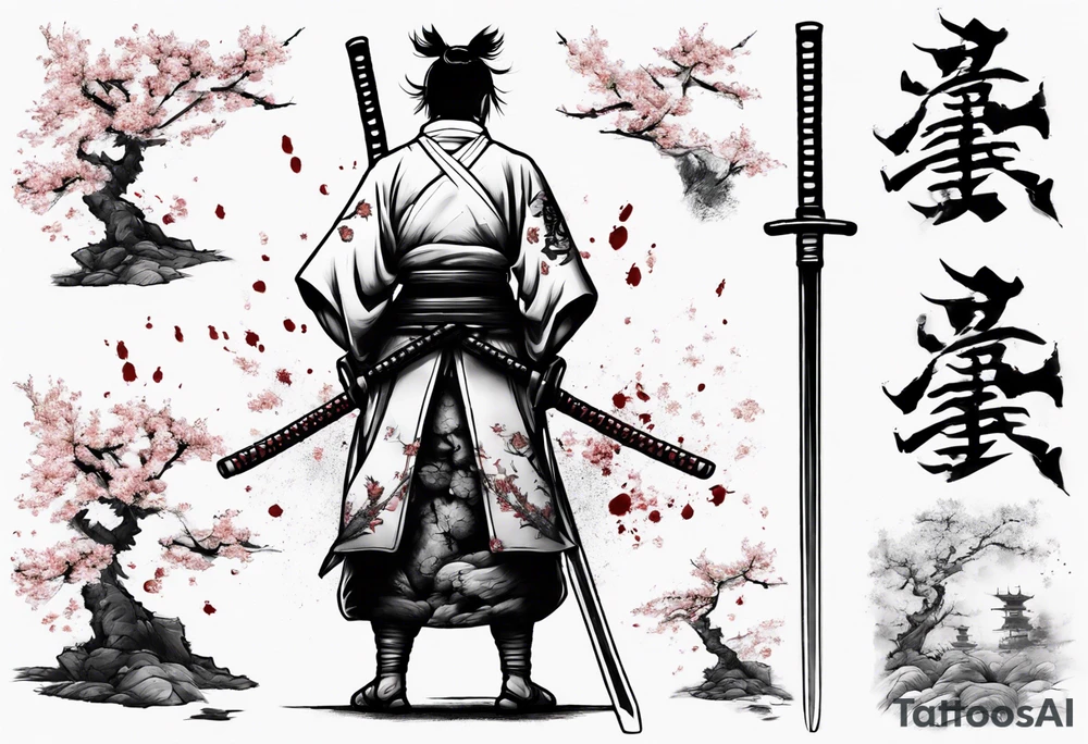 A samurai standing with his back among the swords, he has a hole in his back and from where the blood was seen in the sakura leaves and samurai swords stuck into the ground tattoo idea