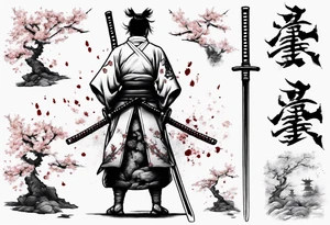 A samurai standing with his back among the swords, he has a hole in his back and from where the blood was seen in the sakura leaves and samurai swords stuck into the ground tattoo idea
