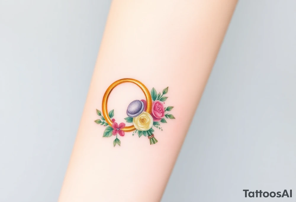 two golden wedding rings with top hat and wedding bouquet tattoo idea
