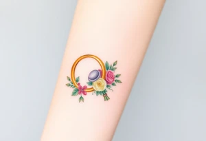 two golden wedding rings with top hat and wedding bouquet tattoo idea
