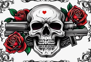 skull with a gun a  rose and a heart tattoo idea