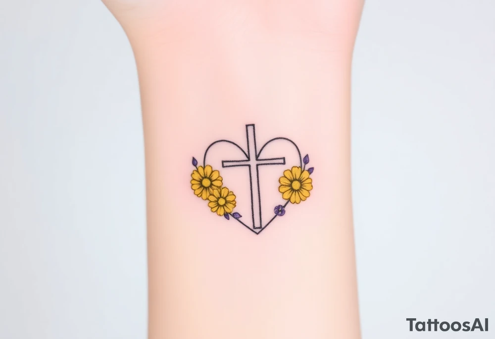 Yellow daisy Purple Hearts around a cross tattoo idea