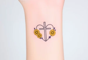 Yellow daisy Purple Hearts around a cross tattoo idea