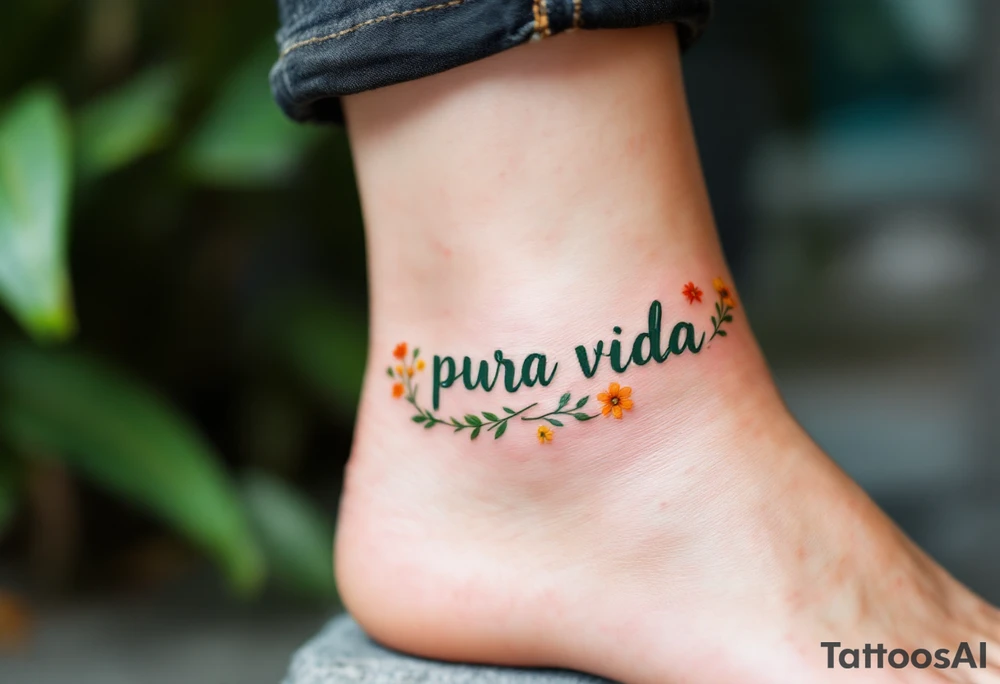 “Pura Vida” curving along the ankle, in dark green, surrounded by tiny wildflowers in orange and yellow. tattoo idea