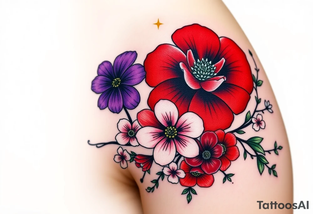 Upper left arm, wrapping slightly from the shoulder to the mid-upper arm, ending at the natural mid-arm curve.

Top center: Large red carnation
Left side: Purple pansy above a blue cosmos flower
Right side: Pink cosmos above a red cosmos
White flowers:
3 between the purple and blue flowers
2 below the pink/red flowers
3 on the branch extending from the right side of the carnation
2 on a branch connecting from the right side of the carnation to the top of the purple pansy

Neo-Traditional with Realism influence
Bold, clean black outlines
Flat, rich color gradients
Realistic flower detailing: natural petal texture, realistic shading, and depth
Flowing, realistic green branches and leaves
Fine black dots and small line accents
Small gold star next to the top red carnation

Warm brown skin tone tattoo idea