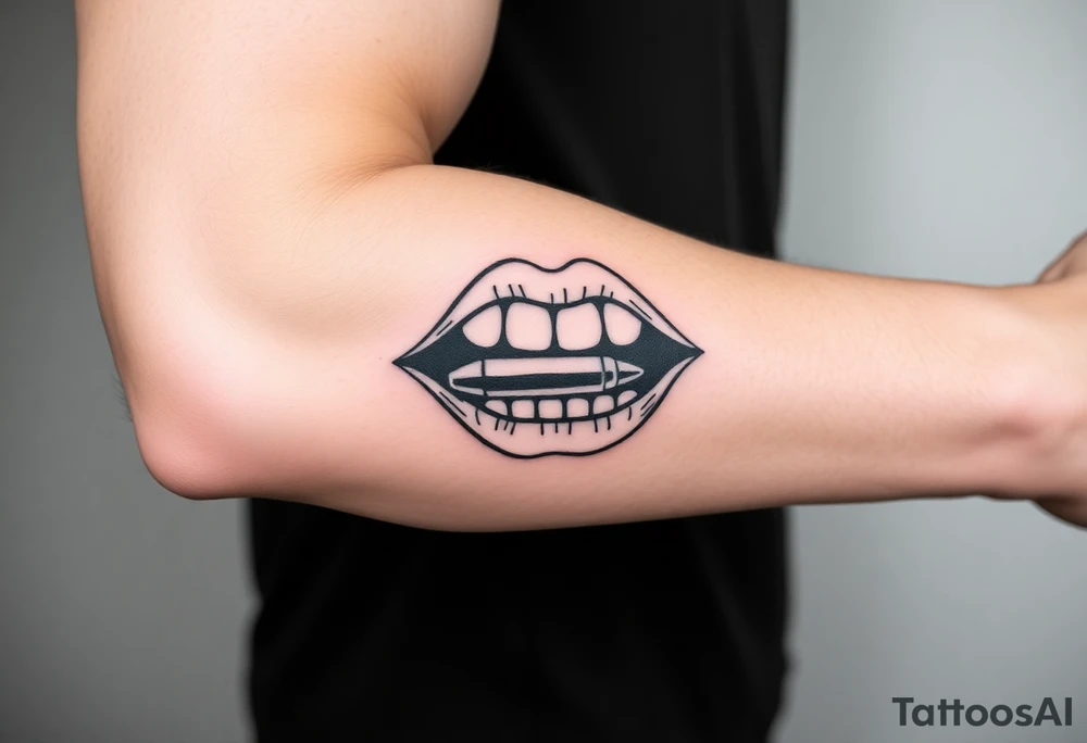 A set of lips snarling with 50cal round between teeth tattoo idea