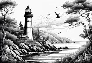 maritime lighthouse partially hidden by its 2 large fixed sails. tattoo idea