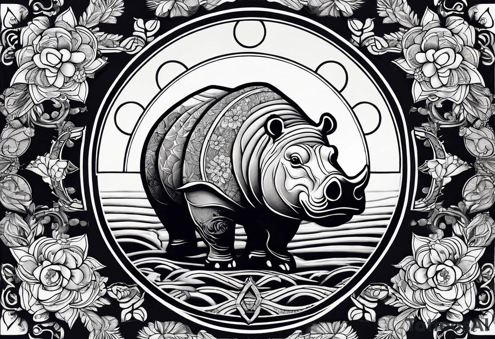 Very asymmetrical, +geometric pattern, with realistic full moon, with seeious looking hippo, +zen feel, + Buddhism touch,
with wintersweet flower bud, +portrait orientation, +inkart touch, tattoo idea