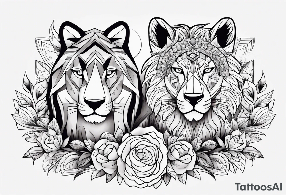 uma leoa, um leao e seus dois filhotes dentro de um retangulo tattoo idea