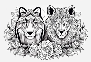uma leoa, um leao e seus dois filhotes dentro de um retangulo tattoo idea