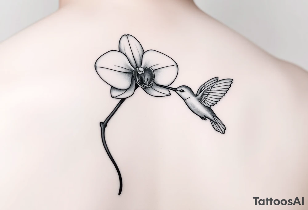 A delicate, black and white fine-line tattoo for make, featuring a gracefully detailed orchid in full bloom (stem and at least 2 flowers), with soft, intricate petals and elegant curves. Beside it, a hummingbird hovers mid-flight, its wings drawn with subtle motion lines, its slender beak reaching toward the orchid’s center to drink its nectar. The design captures a sense of balance and harmony, with the contrast between the stillness of the flower and the gentle energy of the bird. Perfectly suited for the upper arm, this piece combines nature’s beauty and movement in a timeless, minimalist style tattoo idea