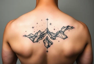 milky way that covers the upper middle back and is geometric that also uses negative spaces and plays with shading tattoo idea