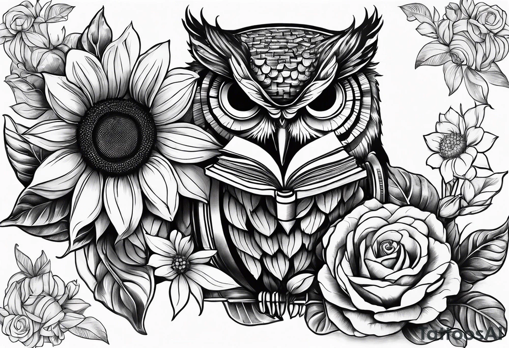 Sunflower, camera, book, owl, flower rose tattoo idea