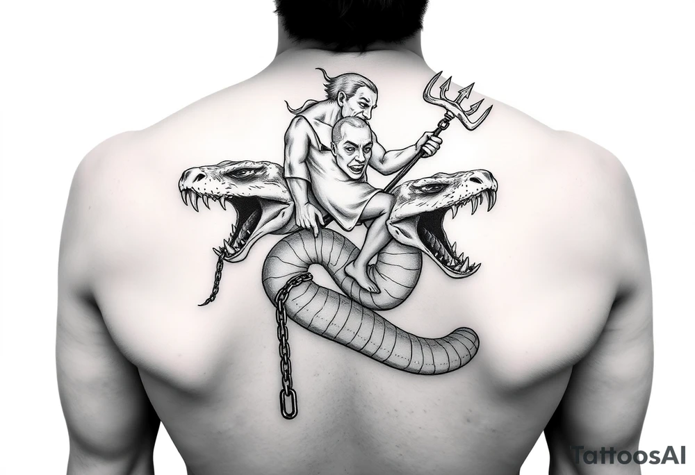 A 2 headed snake with over sized teeth and a weird guy on the back riding the snake holding to the devils trident in 1 hand and the other hand holding a chain that’s around the 2 heads of the snakes neck hanging on as if his life dependent on it tattoo idea