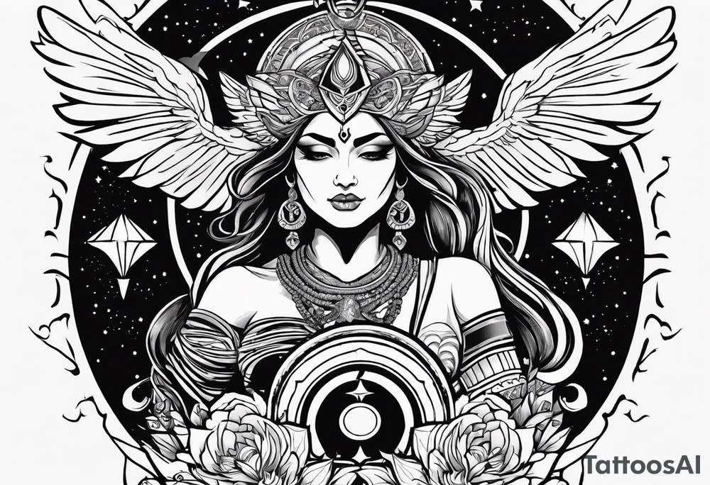 black kali, goddess pirate, alien, angel, pachamama, valkrye, warrior, flying, skull, lotus azul, wing, eagle, zenza resonance, stars, 5D, anahata chakra, death, durga, riding on a tiger, flying lady tattoo idea