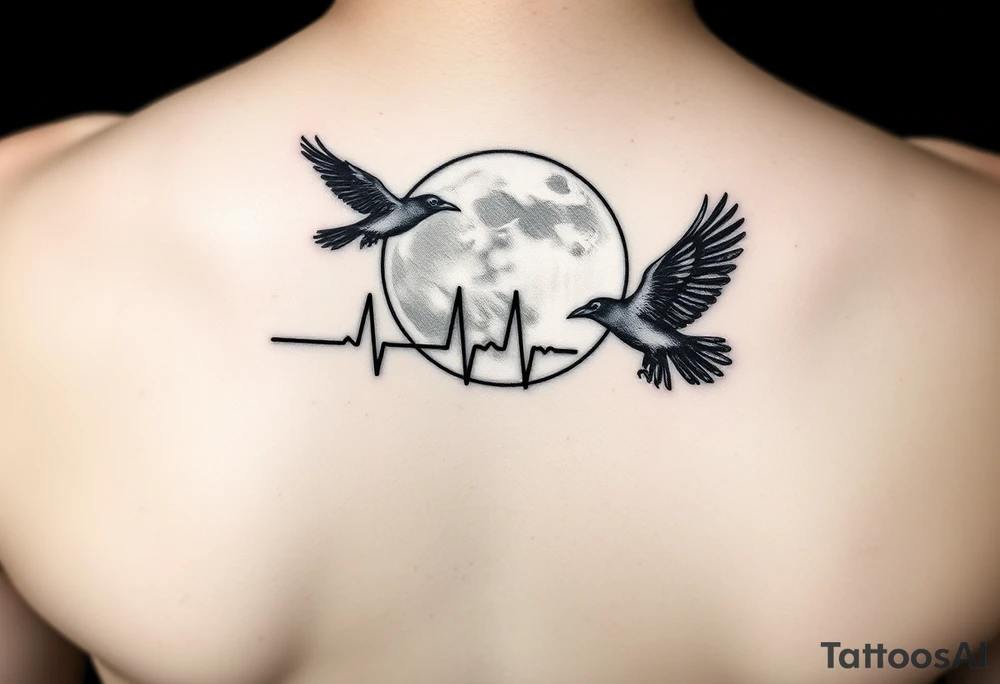 Create a minimalist tattoo design symbolizing the deep connection between a mother and daughter, featuring the initials L and E. Incorporate two crows flying around a full moon, connected by an ECG heartbeat line that represents their shared life energy. The design should feel mystical, balanced, and emotionally meaningful.” tattoo idea