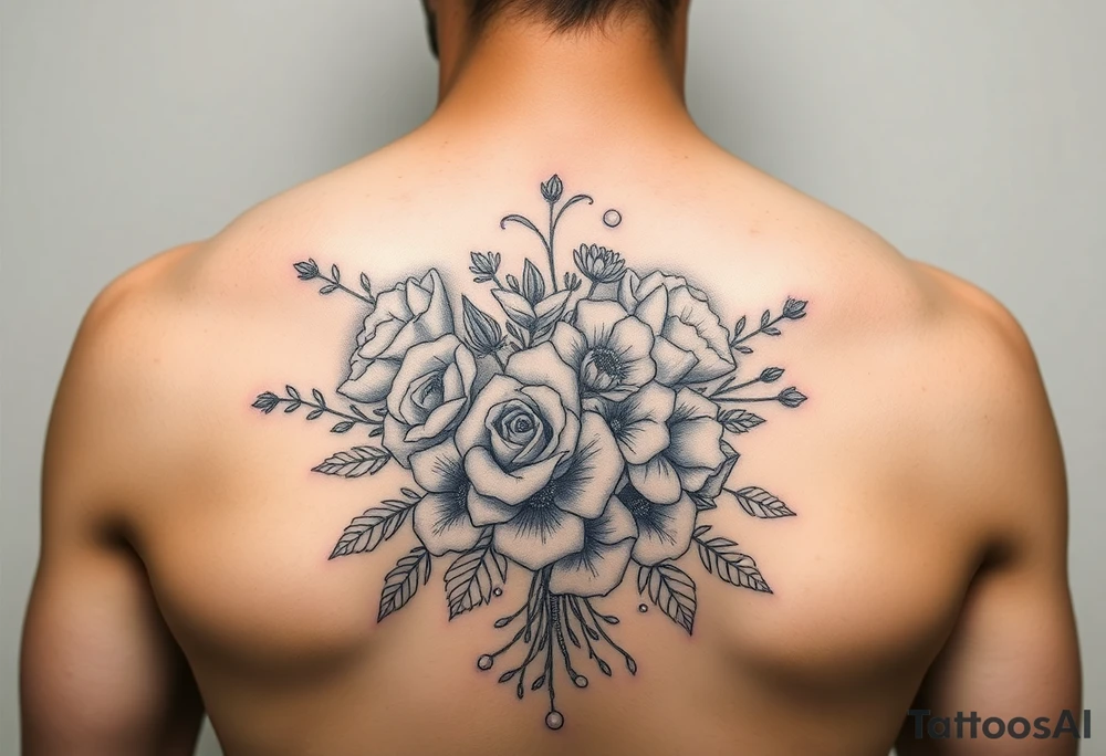 vintage bouquet of wild roses and meadow flowers with morning dew tattoo idea