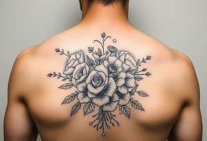 vintage bouquet of wild roses and meadow flowers with morning dew tattoo idea