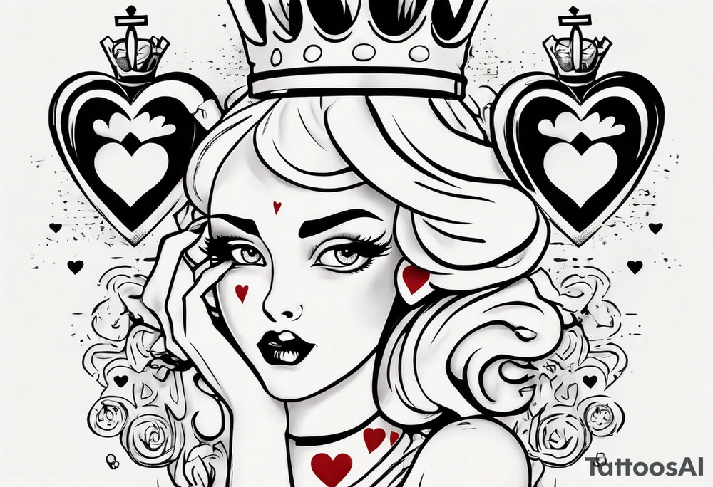 pin-up queen of hearts with blank eyes and a crown tattoo idea