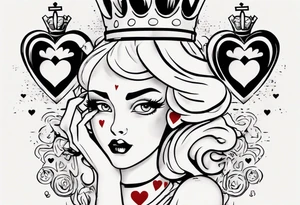 pin-up queen of hearts with blank eyes and a crown tattoo idea