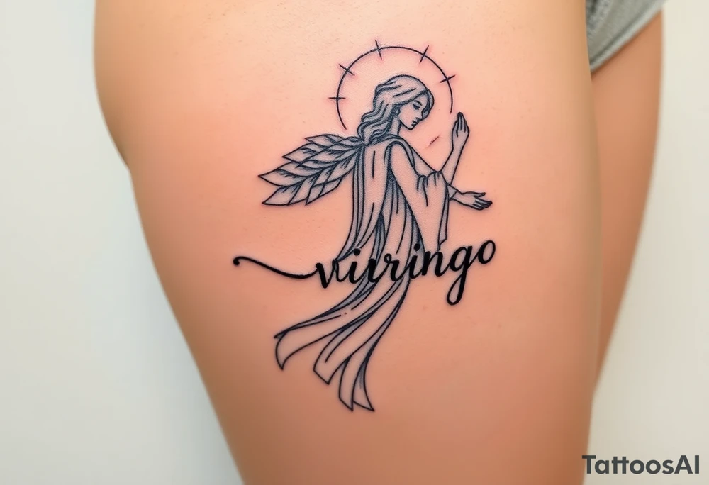 A celestial woman with glowing silver robe on her skin with the word virgo tattoo idea