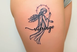 A celestial woman with glowing silver robe on her skin with the word virgo tattoo idea