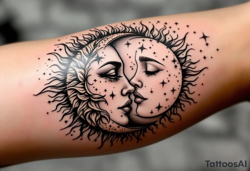 celestial sun and moon embrace with constellation patterns tattoo idea celestial sun and moon embrace with constellation patterns tattoo idea