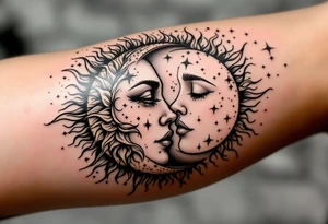 celestial sun and moon embrace with constellation patterns tattoo idea