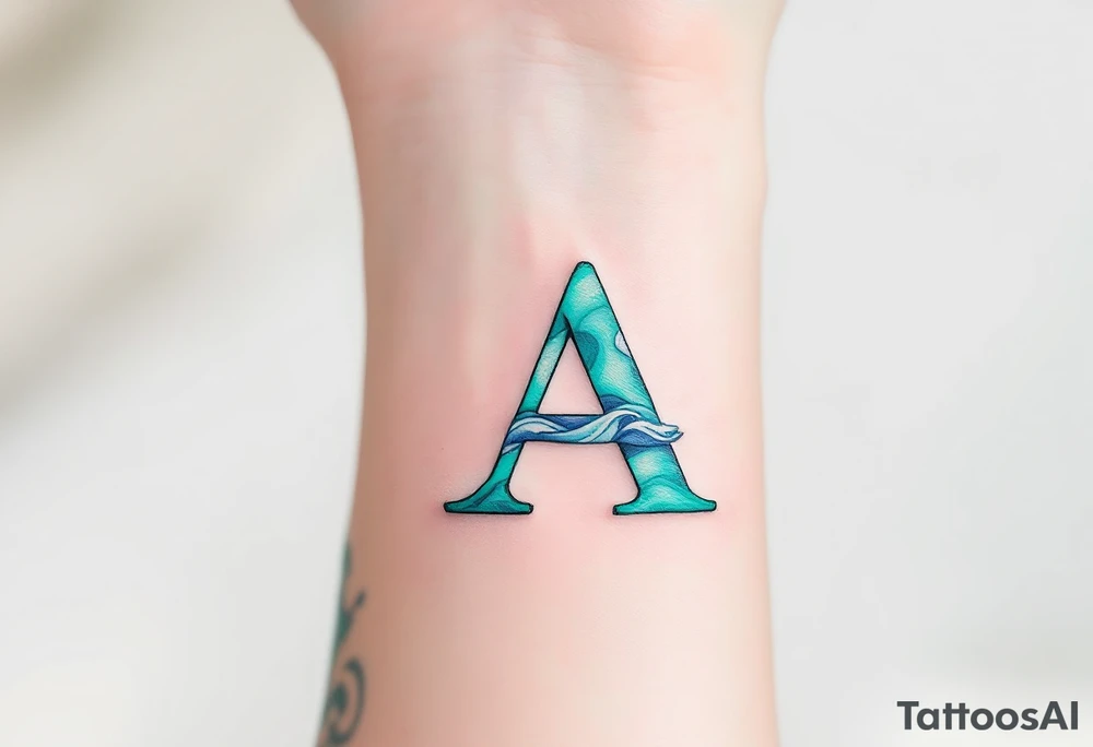 A sea-inspired "A" in deep turquoise and seafoam green, with wave details. tattoo idea