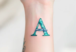 A sea-inspired "A" in deep turquoise and seafoam green, with wave details. tattoo idea