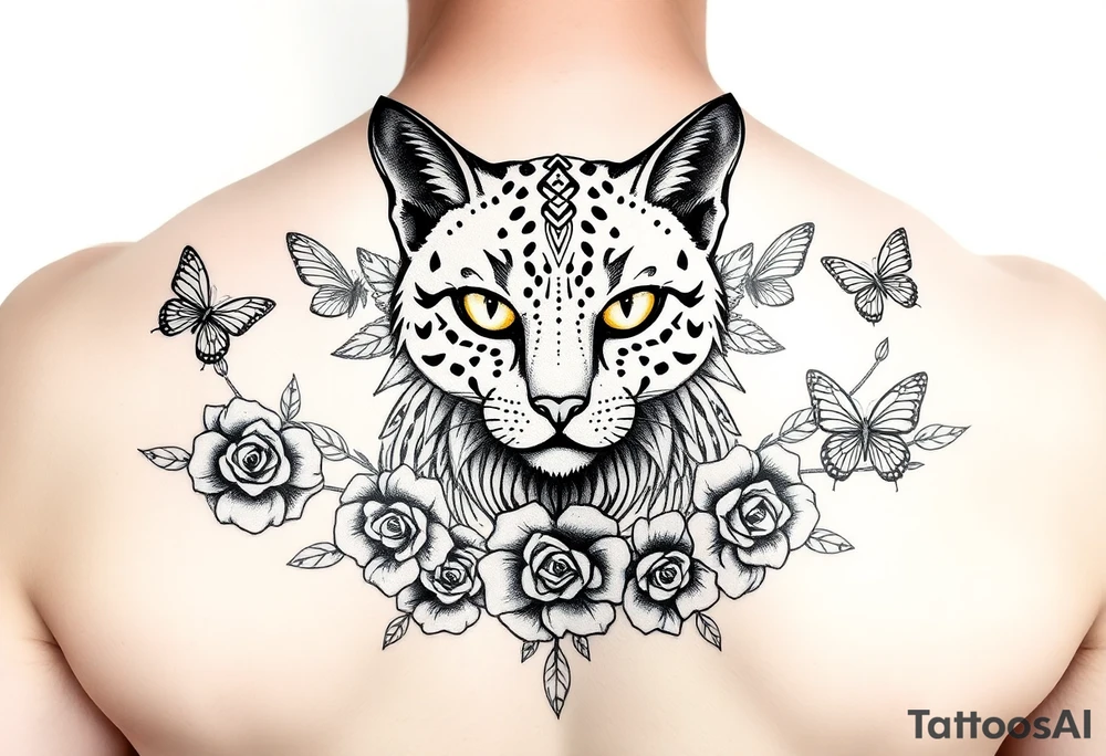 Elegant Egyptian feline surrounded by rose ornaments and butterflies tattoo idea