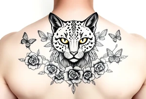 Elegant Egyptian feline surrounded by rose ornaments and butterflies tattoo idea