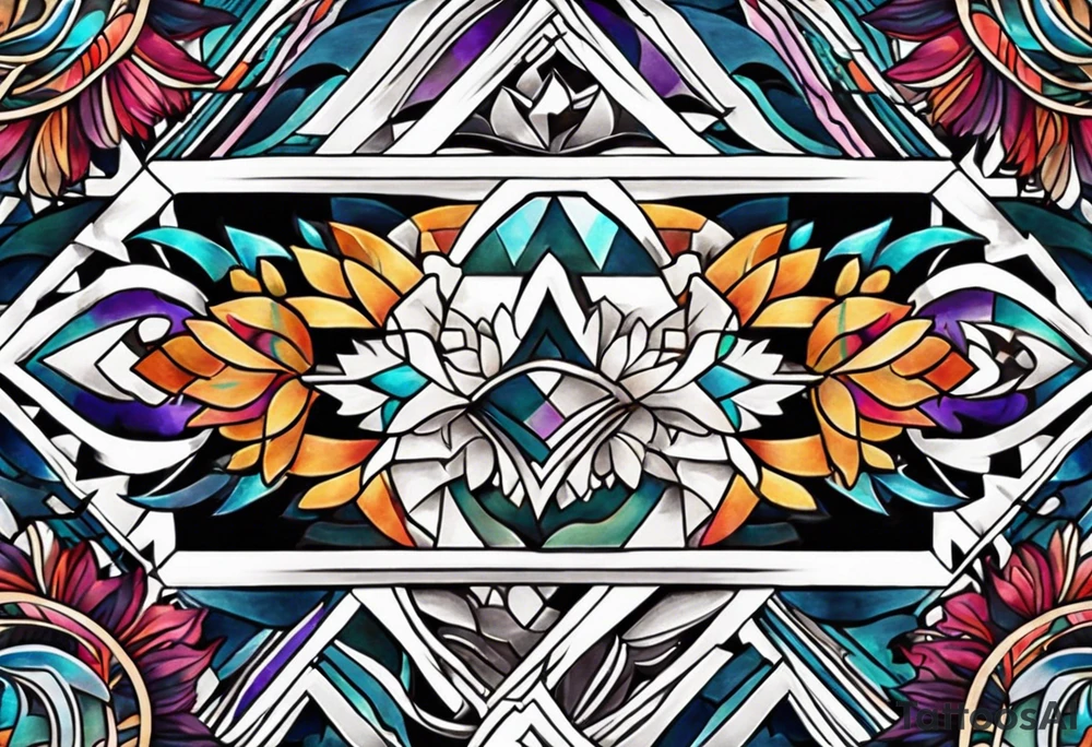 Bold geometric tapestry trident in colour on arm tattoo idea