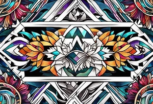 Bold geometric tapestry trident in colour on arm tattoo idea