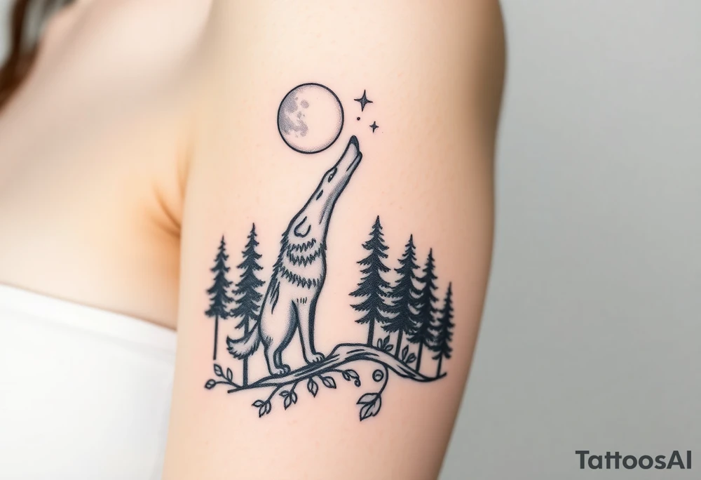 Lone wolf howling at the moon in the forest in the night Columba star tattoo idea