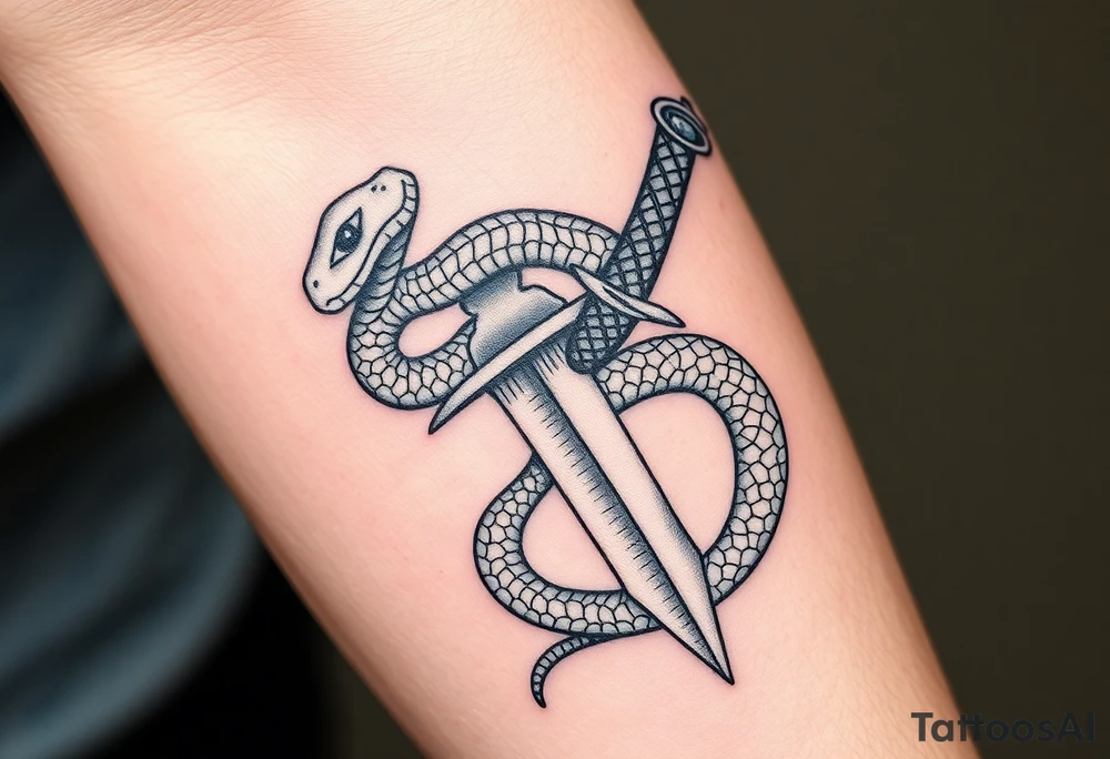 mystical snake coiled around an ancient dagger with jeweled hilt tattoo idea