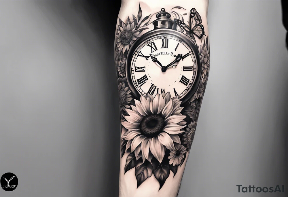 Sleeve with clock, sunflower and butterfly tattoo idea