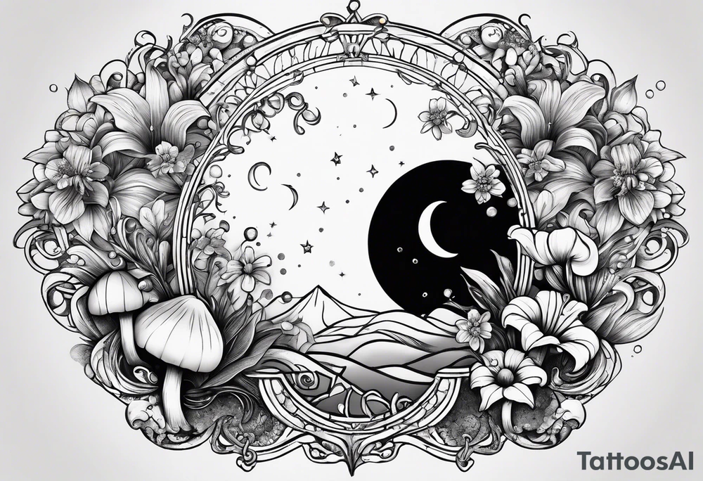 moon with crystals, mushrooms, and lily’s and daisy’s tattoo idea