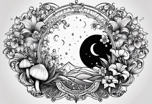 moon with crystals, mushrooms, and lily’s and daisy’s tattoo idea
