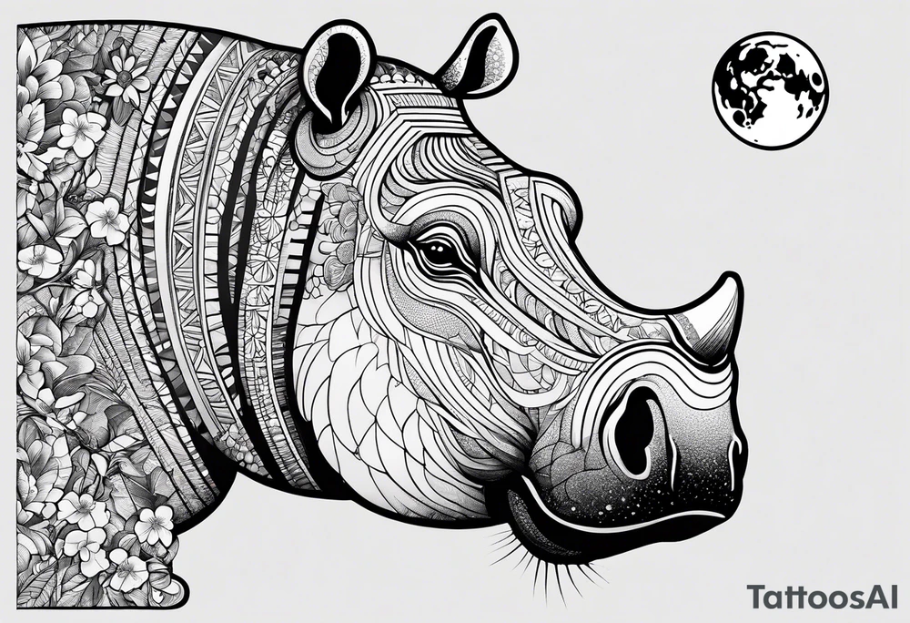 Hippo, flowers, moon, interstella, artic surreal,
Extreme fine lines, tribal, geometric, tattoo idea