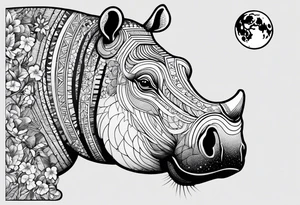 Hippo, flowers, moon, interstella, artic surreal, 
Extreme fine lines, tribal, geometric, tattoo idea