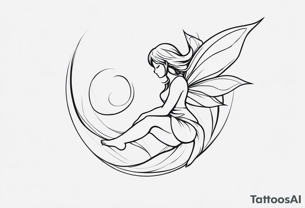 Minimalistic, monochromatic fairy with a tail flying to the left in a fetal position, leaning and looking in the same direction, with visible hands, embodying the 'Fairy Tail' logo aesthetic. tattoo idea